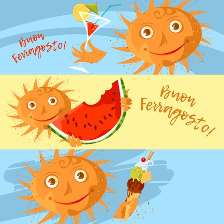 Horizontal banners with italian summer holiday Ferragosto. Smiling sun with a drink in a glass, with a  ice cream, with a watermelon. Vector illustrationのイラスト素材
