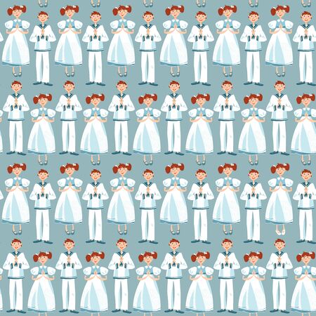 Little girl and boy pray at the First communion. Seamless background pattern. Vector illustration.のイラスト素材
