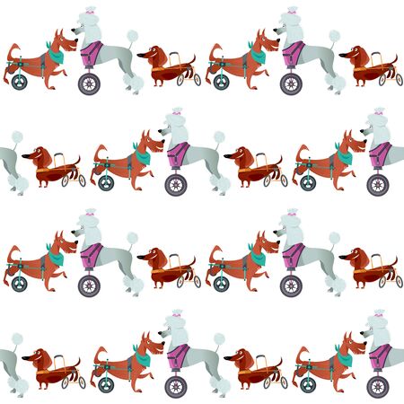 Dogs with special needs on different wheelchairs. Seamless background pattern. Vector illustration.のイラスト素材
