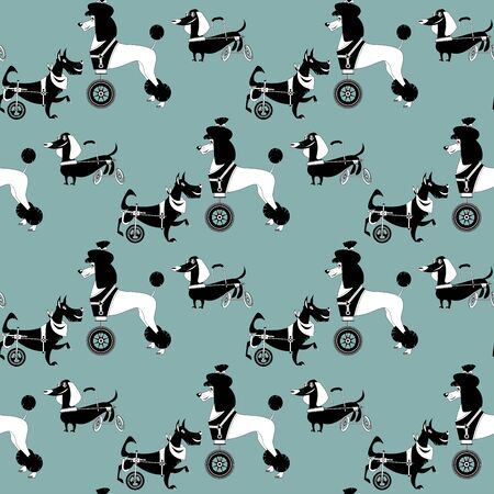 Dogs with special needs on different wheelchairs. Black and white. Seamless background pattern. Vector illustration.のイラスト素材