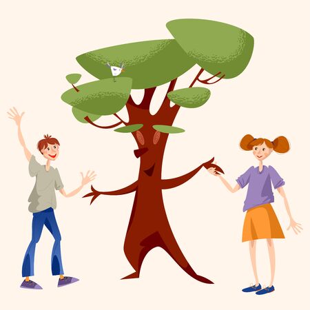 A boy and a girl greet a tree and holding hands. Vector illustrationのイラスト素材