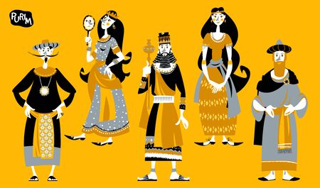 Purim. Jewish holiday. Book of Esther characters and heroes: Achashveirosh, Mordechai, Esther, Haman, Vashti. Vector illustrationのイラスト素材