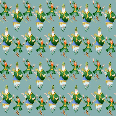 Dancing St Patrick (Apostle of Ireland) and Leprechaun Saint Patrickâs Day. Seamless background pattern. Vector illustrationのイラスト素材