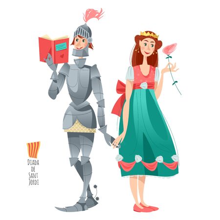 Diada de Sant Jordi (the Saint Georgeâs Day). Traditional festival in Catalonia, Spain. Princess with a rose, knight with a book. Dia de la rosa (The Day of the Rose). Dia del llibre (The Day of the Book). Vector illustration.のイラスト素材