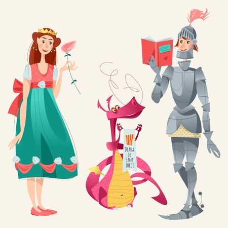Diada de Sant Jordi (the Saint George's Day). Princess with a rose, knight with a book and dragon. Dia de la rosa (The Day of the Rose). Dia del llibre (The Day of the Book). Traditional festival in Catalonia, Spain. Vector illustration.のイラスト素材