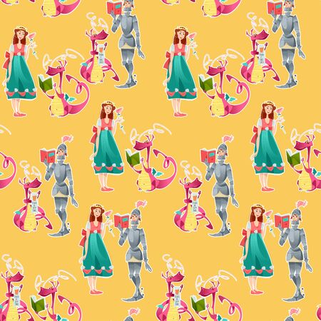 Princess, knight and dragon. Diada de Sant Jordi (the Saint George's Day). Traditional festival in Catalonia, Spain. Seamless background pattern. Vector illustrationのイラスト素材