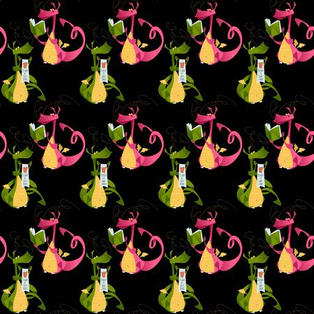Two fairy-tale dragons. Diada de Sant Jordi (the Saint Georgeâs Day). Seamless background pattern. Vector illustrationのイラスト素材