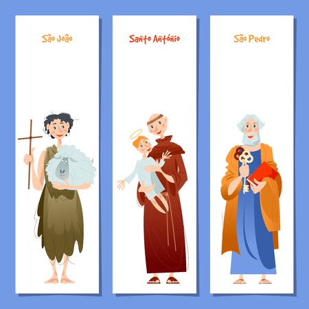 Set of 3 universal greeting cards  and bookmarks with Saint Anthony, Saint John, Saint Peter (Santo AntÃ´nio, SÃ£o JoÃ£o, SÃ£o Pedro). Template. Vector illustration.のイラスト素材