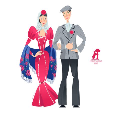 Couple in traditional clothes during the festival of âSan Isidroâ (Fiestas de San Isidro), patron of Madrid. Vector illustration.のイラスト素材