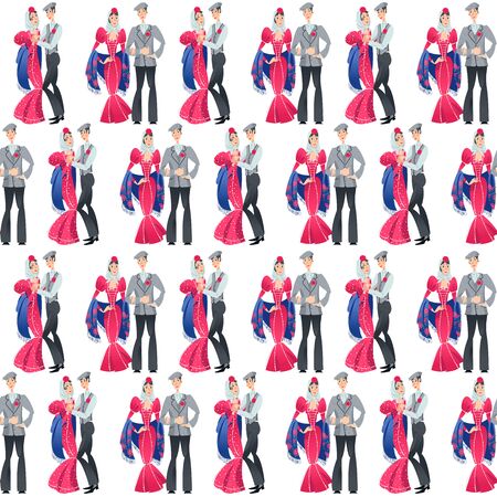Dancing couple in traditional clothes during the festival of âSan Isidroâ (Fiestas de San Isidro), patron of Madrid. Seamless background pattern. Vector illustrationのイラスト素材