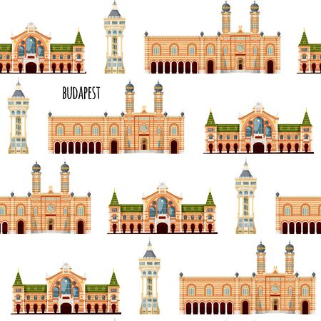 Sights of Budapest, Hungary. Margaret island water tower, Great market hall, Great synagogue. Seamless background pattern. Vector illustrationのイラスト素材