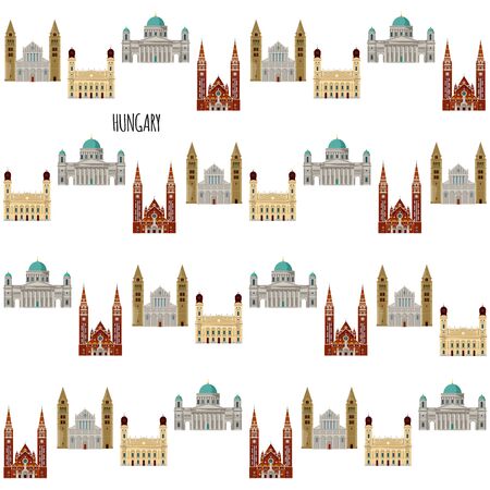 Sights of Hungary. Esztergom Basilica, Great Reformed Church in Debrecen, Sts. Peter and Paulâs Cathedral Basilica in Pecs, Votive Church and Cathedral in Szeged. Seamless background pattern. Vector illustrationのイラスト素材