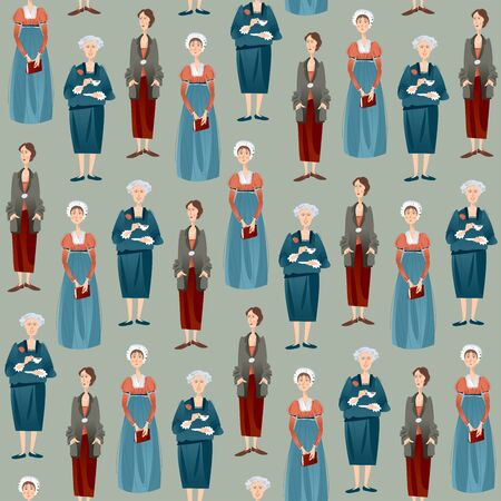 History of England. Famous English writers. Jane Austen, Agatha Christie, Virginia Woolf. Seamless background pattern. Vector illustrationのイラスト素材
