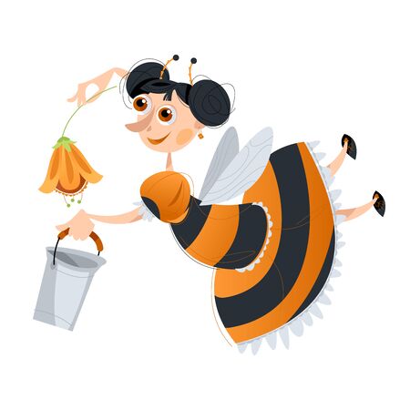 Girl dressed as a bee collects honey. Vector illustration. のイラスト素材