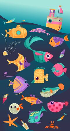 Underwater world. Variety of swimming multicolored fish. illustration.のイラスト素材