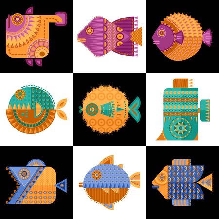 Set of 9 multi-colored decorated fish in geometric style. Vector illustrationのイラスト素材