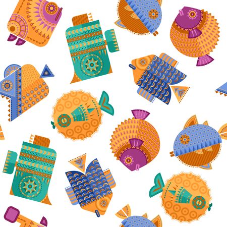 Multi-colored decorated fish in geometric style. Seamless background pattern. Vector illustration のイラスト素材