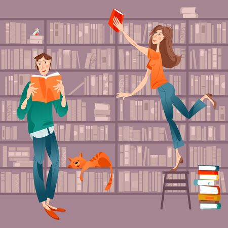 Woman and man in the library. Man is reading, woman is taking a book from the bookshelf. Vector illustrationのイラスト素材