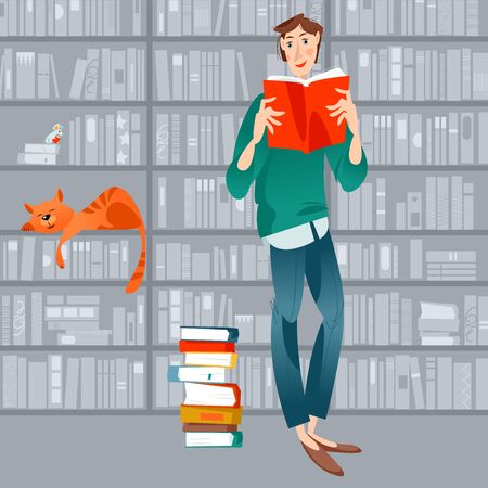 Boy reads book in library. Literacy Day. Vector illustrationのイラスト素材