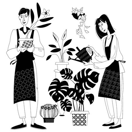 Young man and woman taking care of indoor plants. Black and white. Vector illustrationのイラスト素材