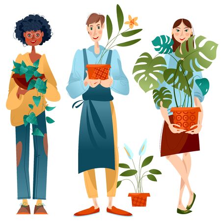 Young man and two women hold potted house plants. Vector illustrationのイラスト素材
