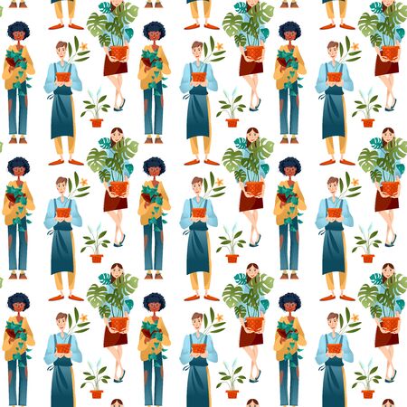 Young man and two women hold potted house plants. Seamless background pattern. Vector illustrationのイラスト素材