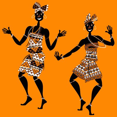 African ritual dance. Two dancing women in traditional costumes. Vector illustration のイラスト素材