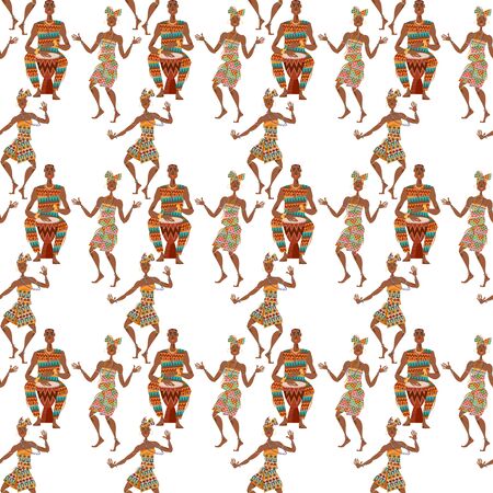 African ritual dance. Man plays a traditional drum, women dance. Seamless background pattern. Vector illustrationのイラスト素材