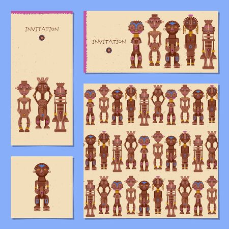 Set of 4 universal cards with IAfrican ritual wooden sculptures. Template. Party, birthday, holiday. Vector illustrationのイラスト素材