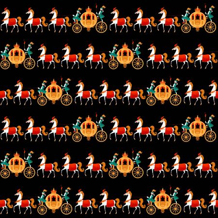 Princess Fantasy Carriages with Coachmen and Horses. Seamless background pattern. Vector illustrationのイラスト素材