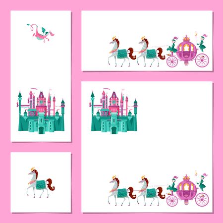 Set of 4 universal cards with Fairytale medieval castle and Princess Fantasy Carriage. Template. Happy birthday! Childrenâs party, congratulation card. Vector illustrationのイラスト素材
