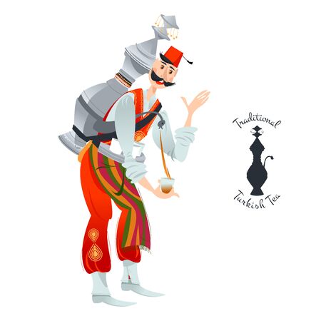 Turkish street seller in folk costume pours hot tea. Vector illustrationのイラスト素材