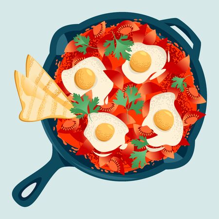 Shakshuka, dish made of poached eggs in a  tomato sauce, served in a cast iron pan with bread. Vector illustrationのイラスト素材