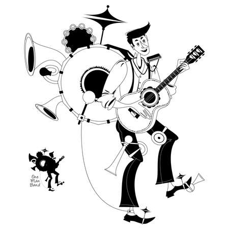 Street performer. Singing musician. One Man band. Black and white. Vector illustration.のイラスト素材