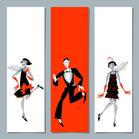 Set of 3 universal greeting cards and bookmarks with two flapper girls and a man dancing Charleston. Vector illustrationのイラスト素材