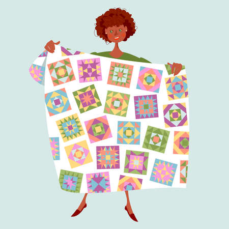 African woman holds a multi-colored quilt. Patchwork. Quilting. Vector illustration.のイラスト素材
