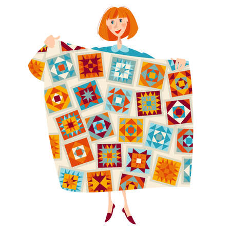 A woman holds a multi-colored quilt. Patchwork. Quilting. Vector illustration.のイラスト素材