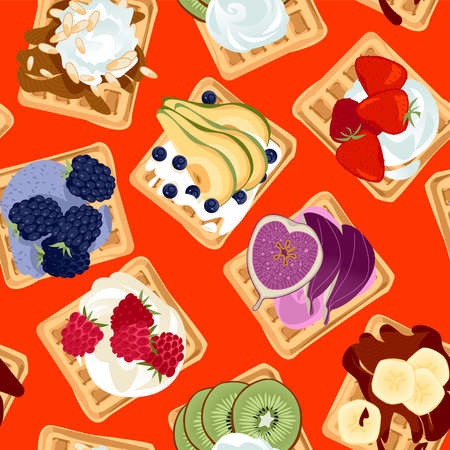 Traditional belgian waffles with variety of toppings. Seamless background pattern. Vector illustrationのイラスト素材