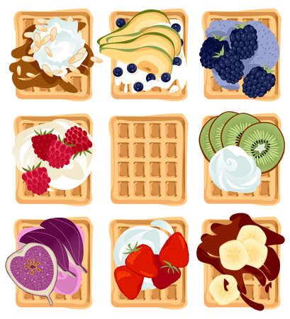 Traditional belgian waffles with variety of toppings. Vector illustrationのイラスト素材