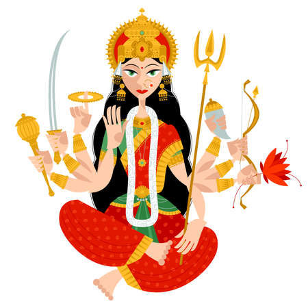 Indian autumn festival Navratri. Durga Puja. Goddess Durga. Vector illustration.のイラスト素材