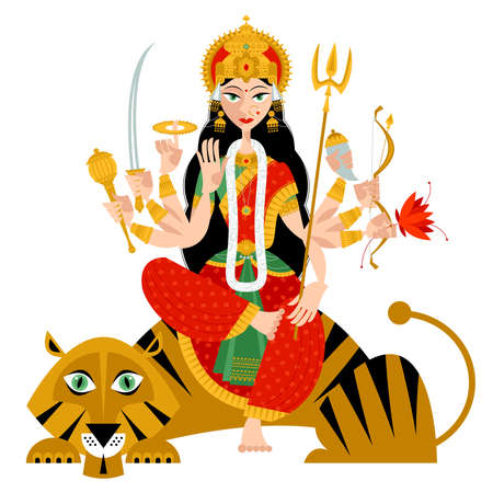 Indian autumn festival Navratri. Durga Puja. Goddess Durga. Vector illustration.のイラスト素材