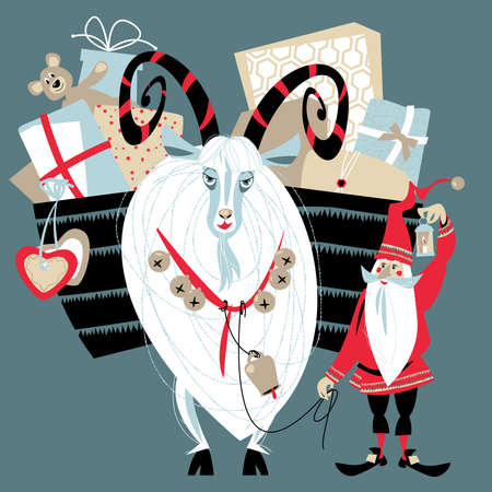 Christmas Gnome and Yule goat with a gift basket. Scandinavian Christmas tradition. Vector illustrationのイラスト素材