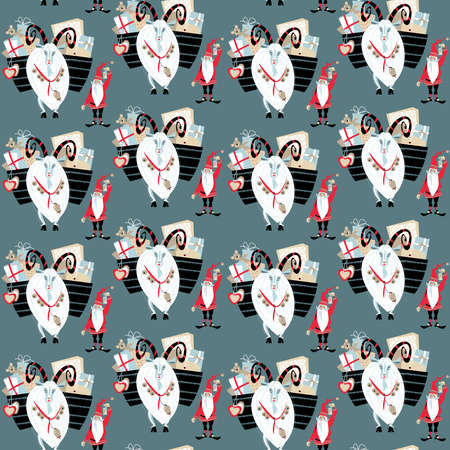 Christmas Gnome and Yule goat with a gift basket. Scandinavian Christmas tradition. Seamless background pattern. Vector illustrationのイラスト素材