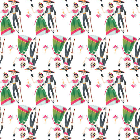 Skeleton couple takes a selfie. Dia de Muertos (Day of the Dead). Seamless background pattern. Vector illustrationのイラスト素材