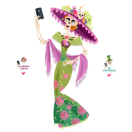 Skeleton dressed in a holiday clothes takes a selfie. La Calavera Catrina. Dia de Muertos (Day of the Dead). Vector illustrationのイラスト素材