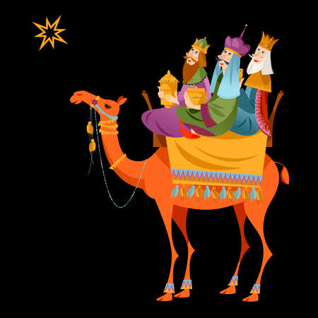 Three biblical Kings (Caspar, Melchior and Balthazar) follow the star. Three wise men on a camel. Vector illustration.のイラスト素材