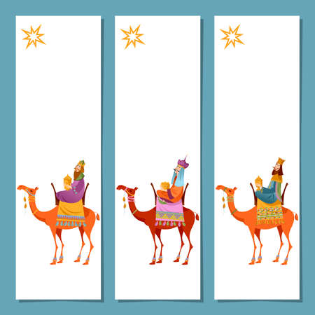 Set of 3 universal Christmas greeting cards and bookmarks with three biblical Kings: Caspar, Melchior and Balthazar. Three wise men on camels. Template. Vector illustration.のイラスト素材