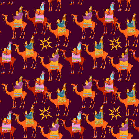 Three biblical Kings (Caspar, Melchior and Balthazar) follow the star. Three wise men on camels. Seamless background pattern. Vector illustrationのイラスト素材