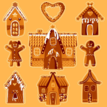 Various gingerbread houses and festive gingerbread cookies. Christmas tradition. Vector illustrationのイラスト素材