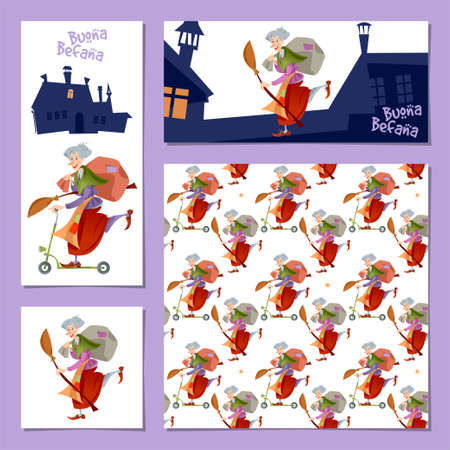 Set of 4 universal greeting cards with Buona Befana (happy Epiphany). Italian Christmas tradition. Vector illustration.のイラスト素材